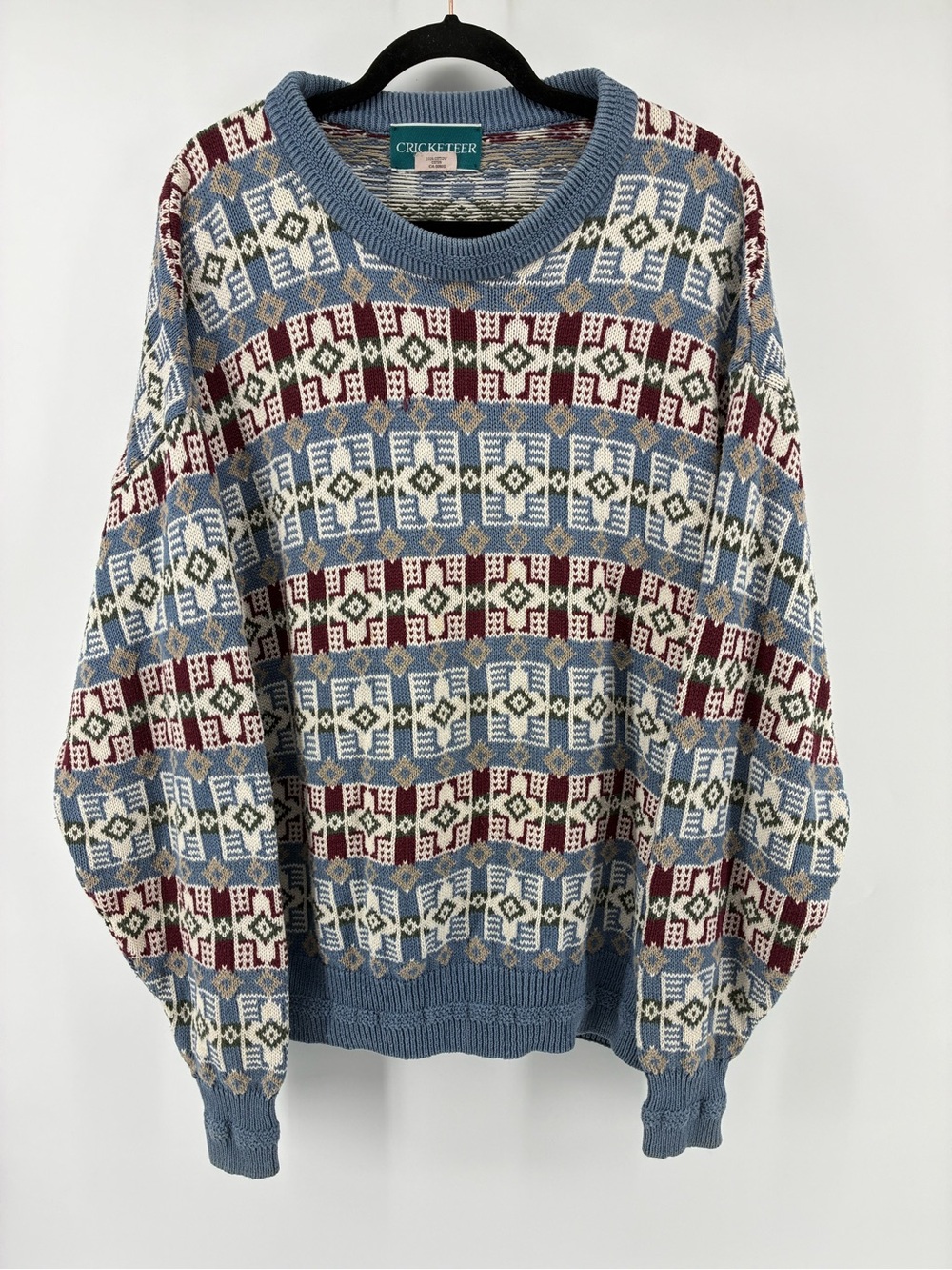 Vintage Men's Multi-Pattern Crewneck Sweater in Blue, Burgundy, Cream